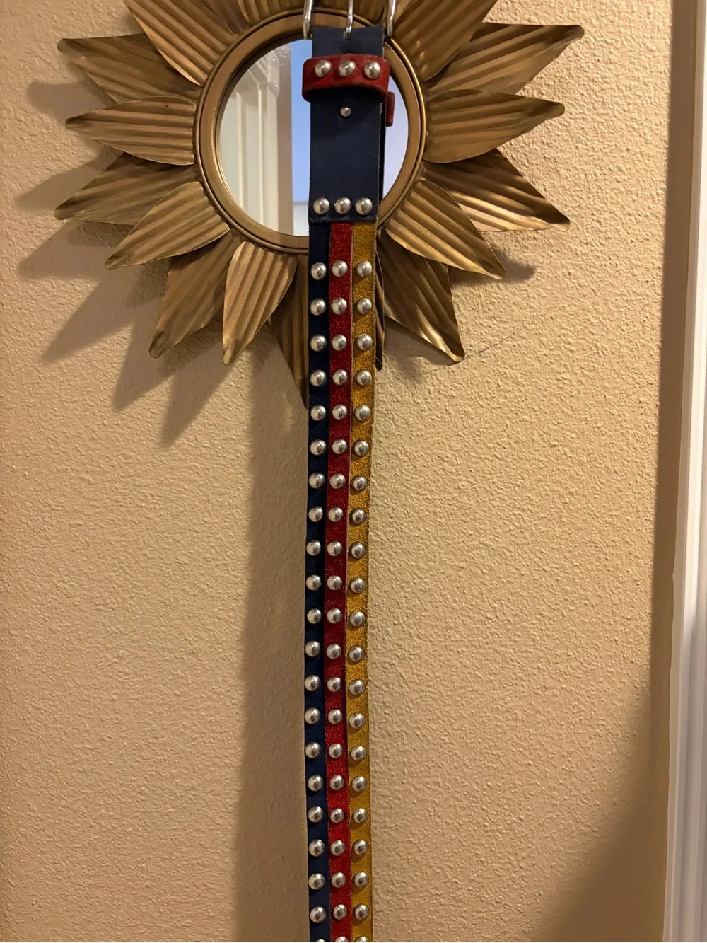 Vera Neumann Vintage 1980’s Leather Three Colors Navy Yellow Red Metal Stud Belt